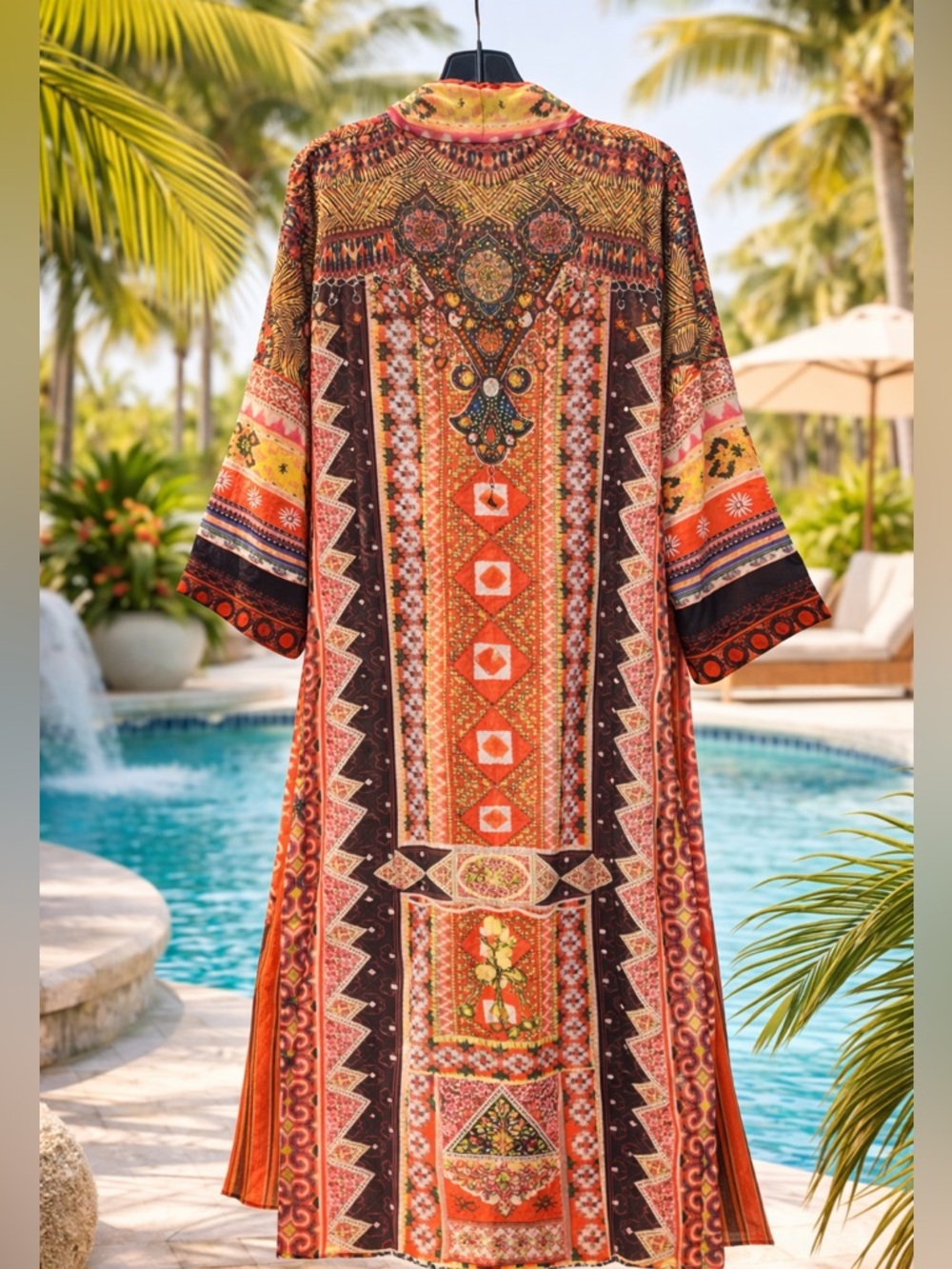 Boho Maxi Kimono Cover-Up in Rust Multi - Picture 3 of 10